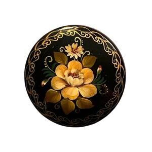 Vintage Russian Lacquer Brooch Floral Hand Painted Signed JB Yellow Flowers